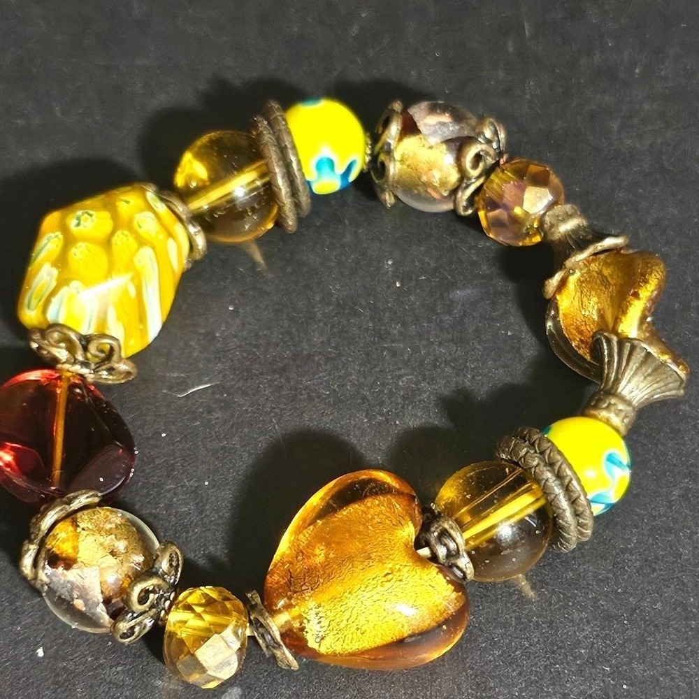 Vintage Murano Style Millefiori Glass Bead Stretch Bracelet Amber Heart‎ Bronze